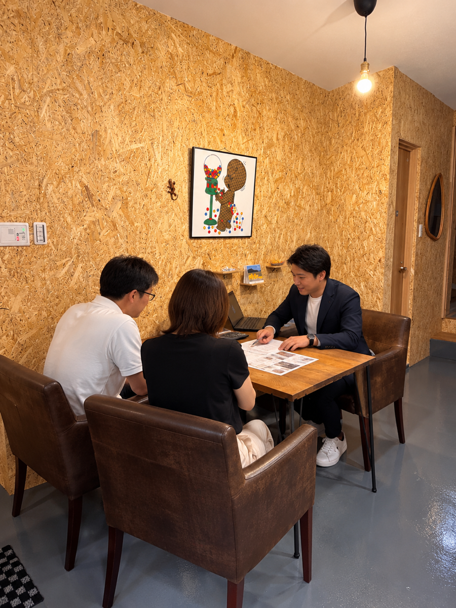 スタッフがお客様に資料を見せながら説明しているご相談スペース